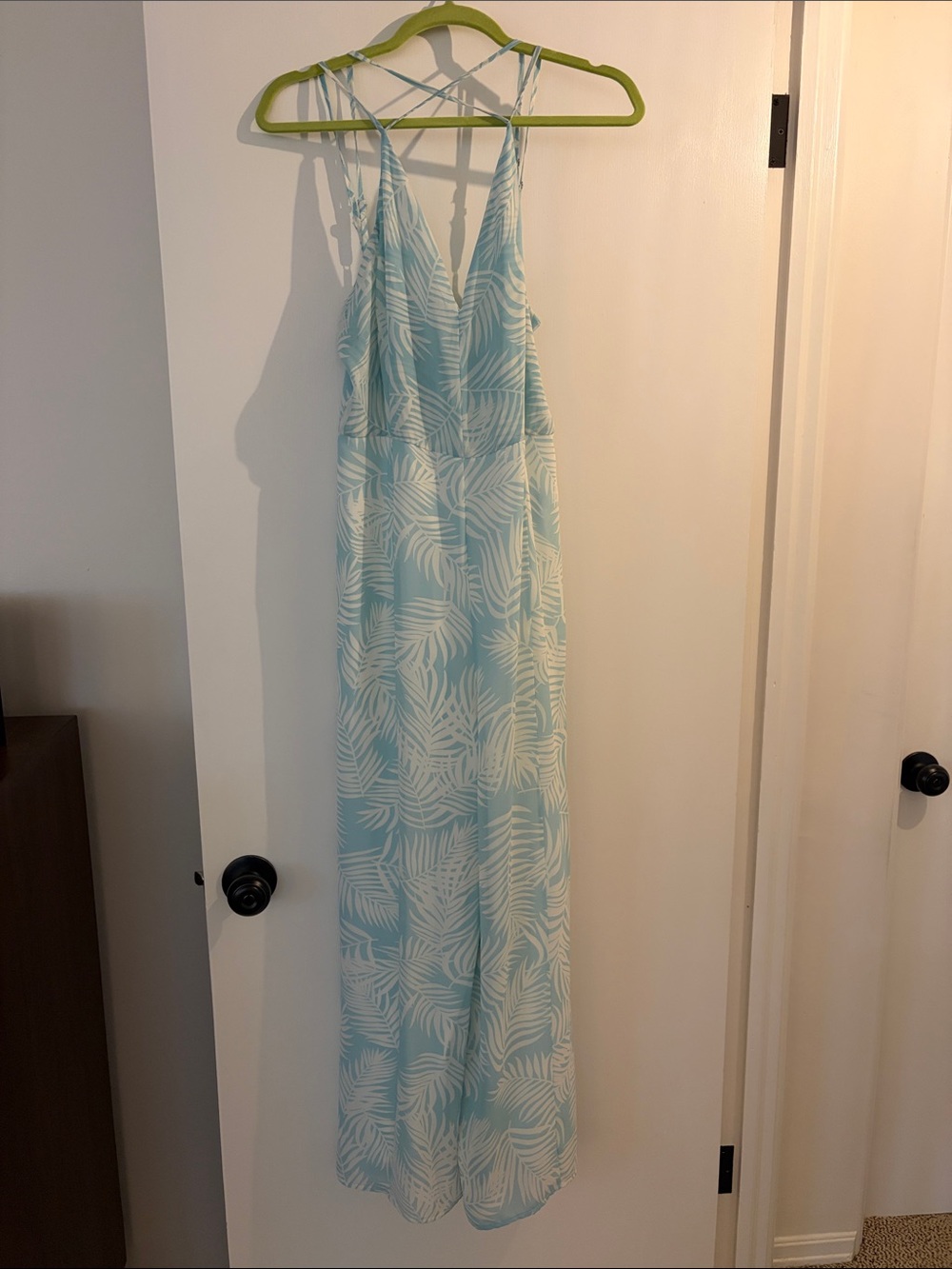 Light Blue Palm-Print Strappy Jumpsuit Romper